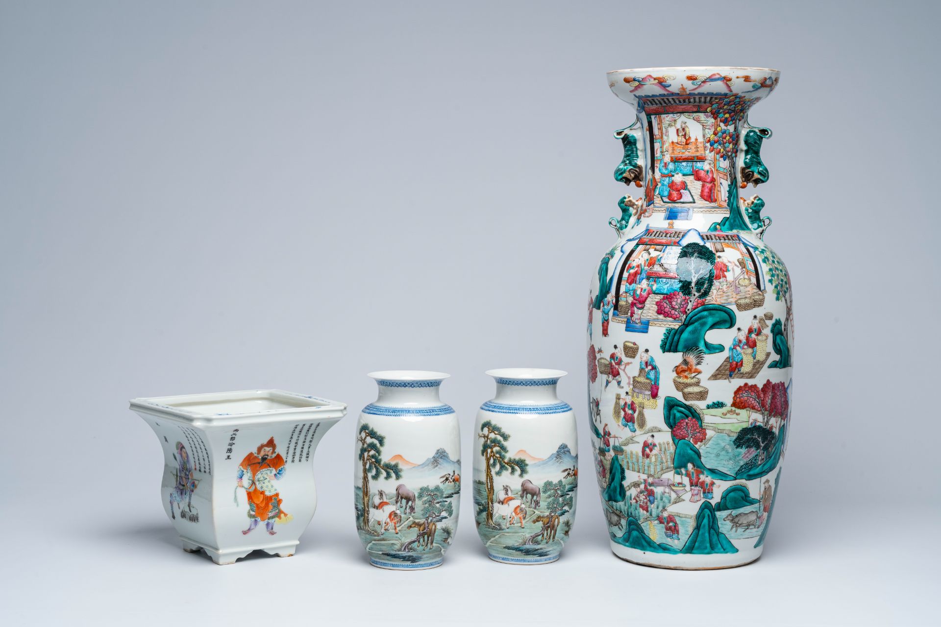 A Chinese famille rose 'rice production' vase, a pair of 'Eight Horses of Wang Mu' vases and a Wu Sh