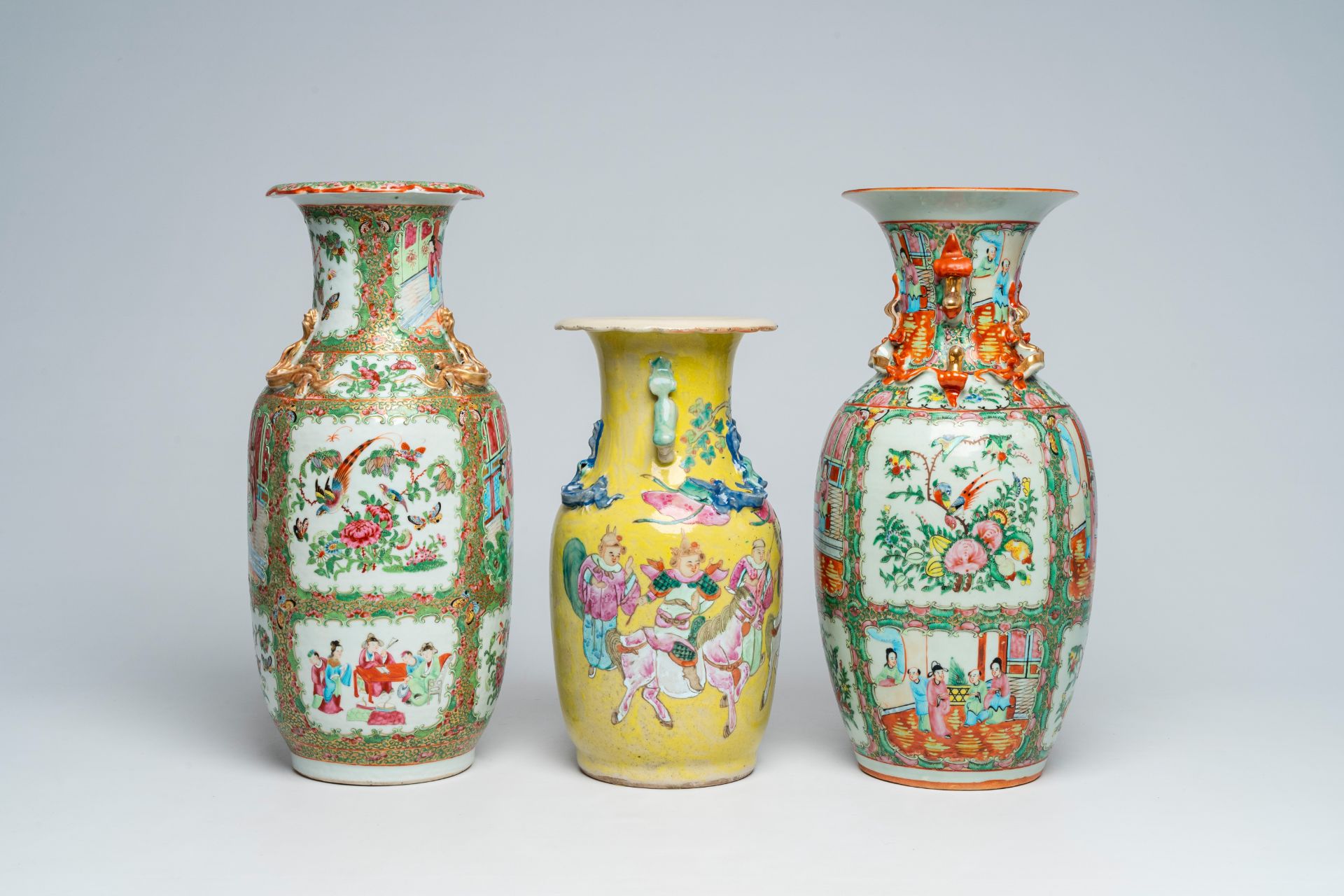 Three Chinese famille rose and Canton famille rose vases with figures, 19th C. - Image 2 of 4