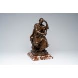 Paul Dubois (1829-1905): 'L'Ã©tude et la mÃ©ditation', brown patinated bronze on a red marble base,