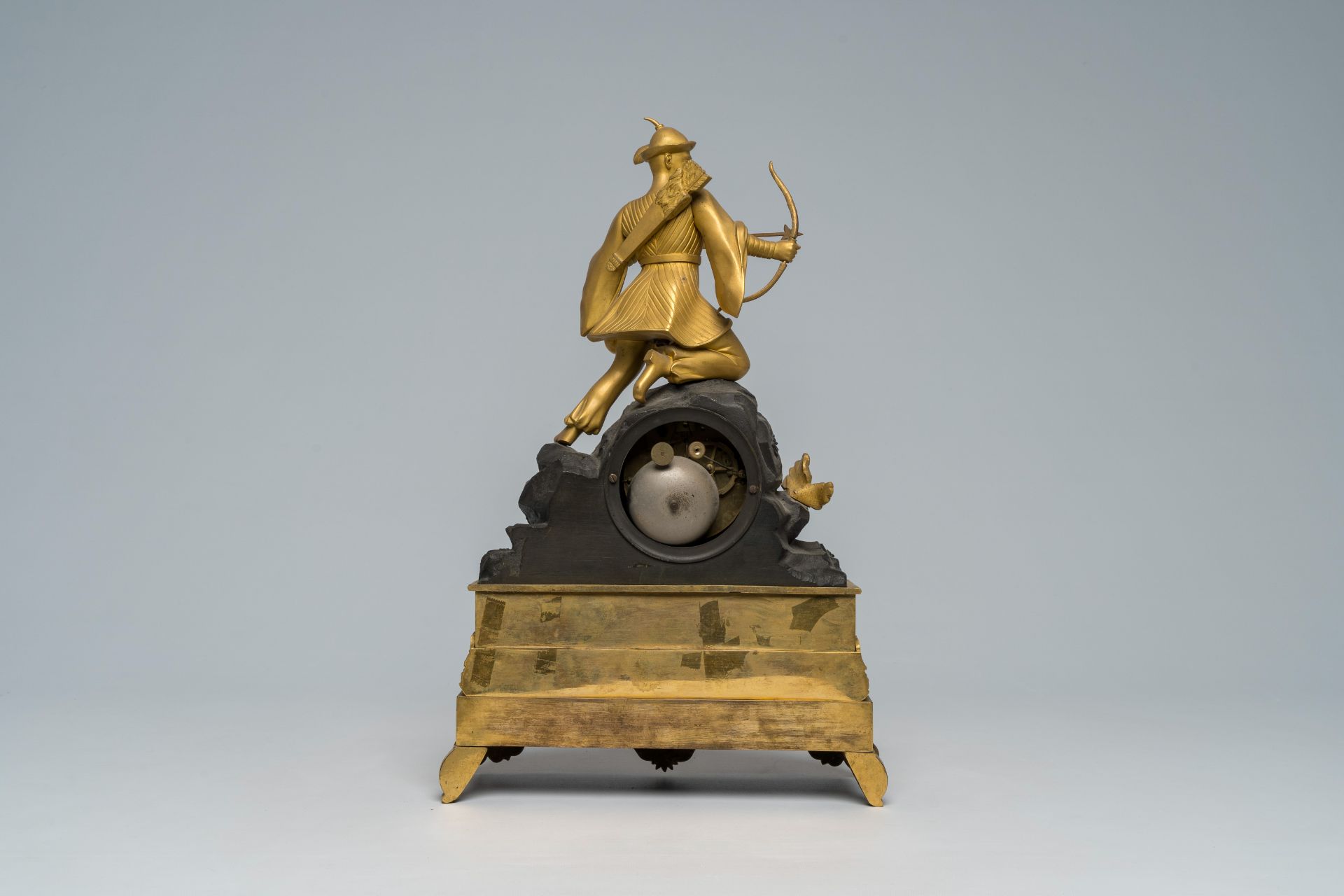 A French gilt and patinated bronze mantel clock topped with a Moorish archer, 19th C. - Image 3 of 9