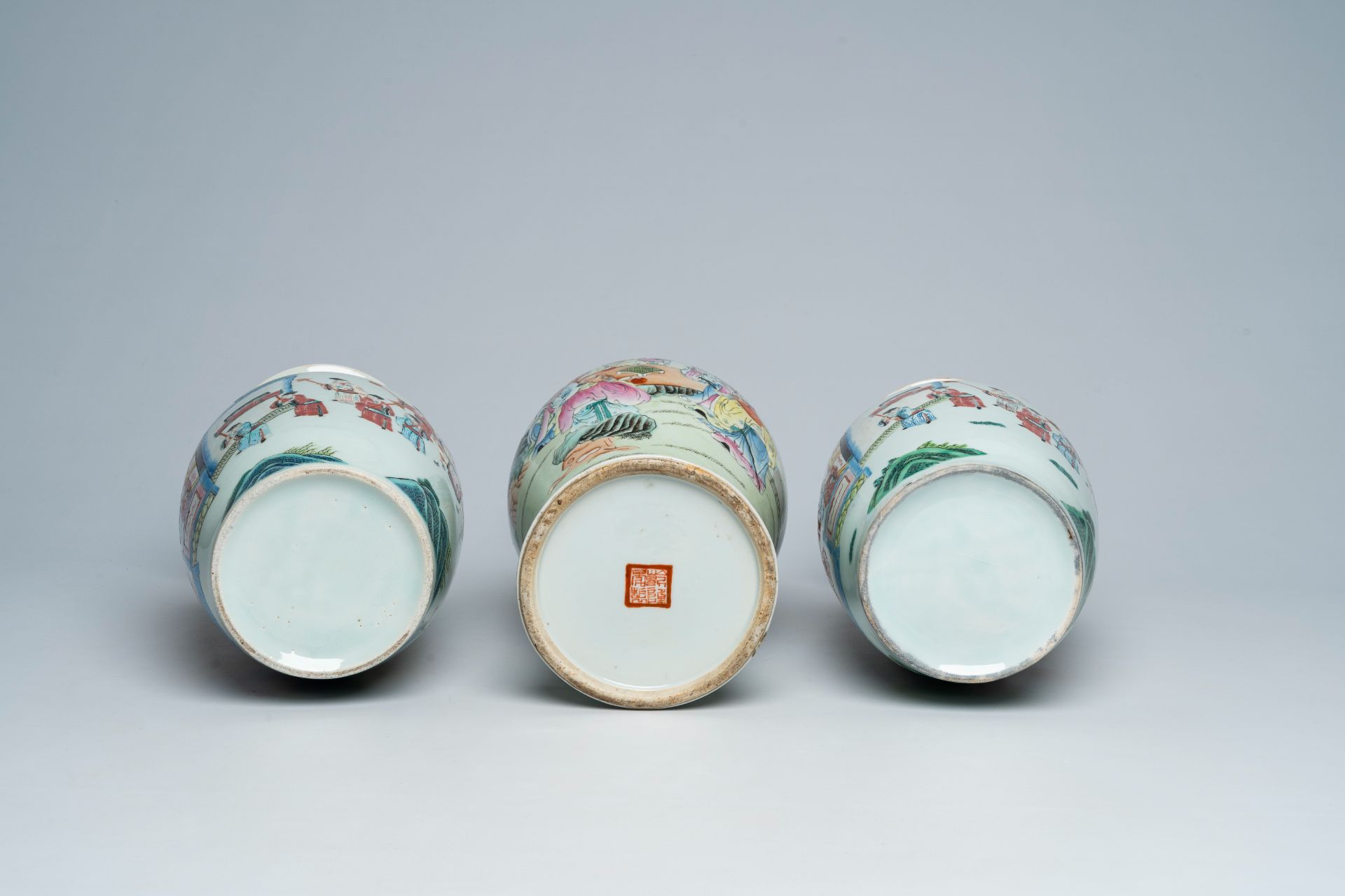 A Chinese famille rose baluster shaped 'Immortals' vase and a pair of vases with palace scenes, 19th - Image 6 of 6
