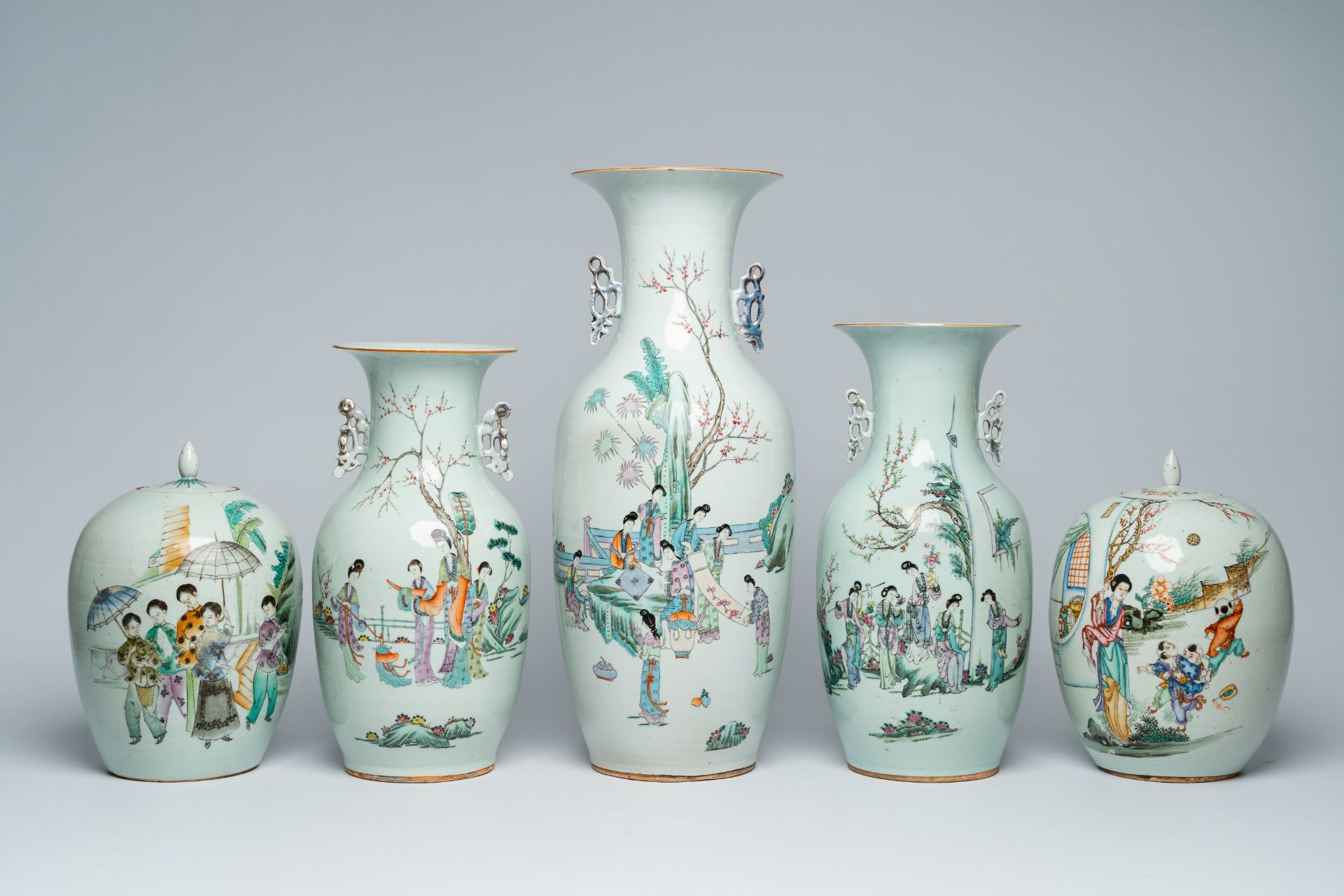 Three Chinese famille rose and qianjiang cai vases with ladies in a garden and two jars and covers, - Image 2 of 11