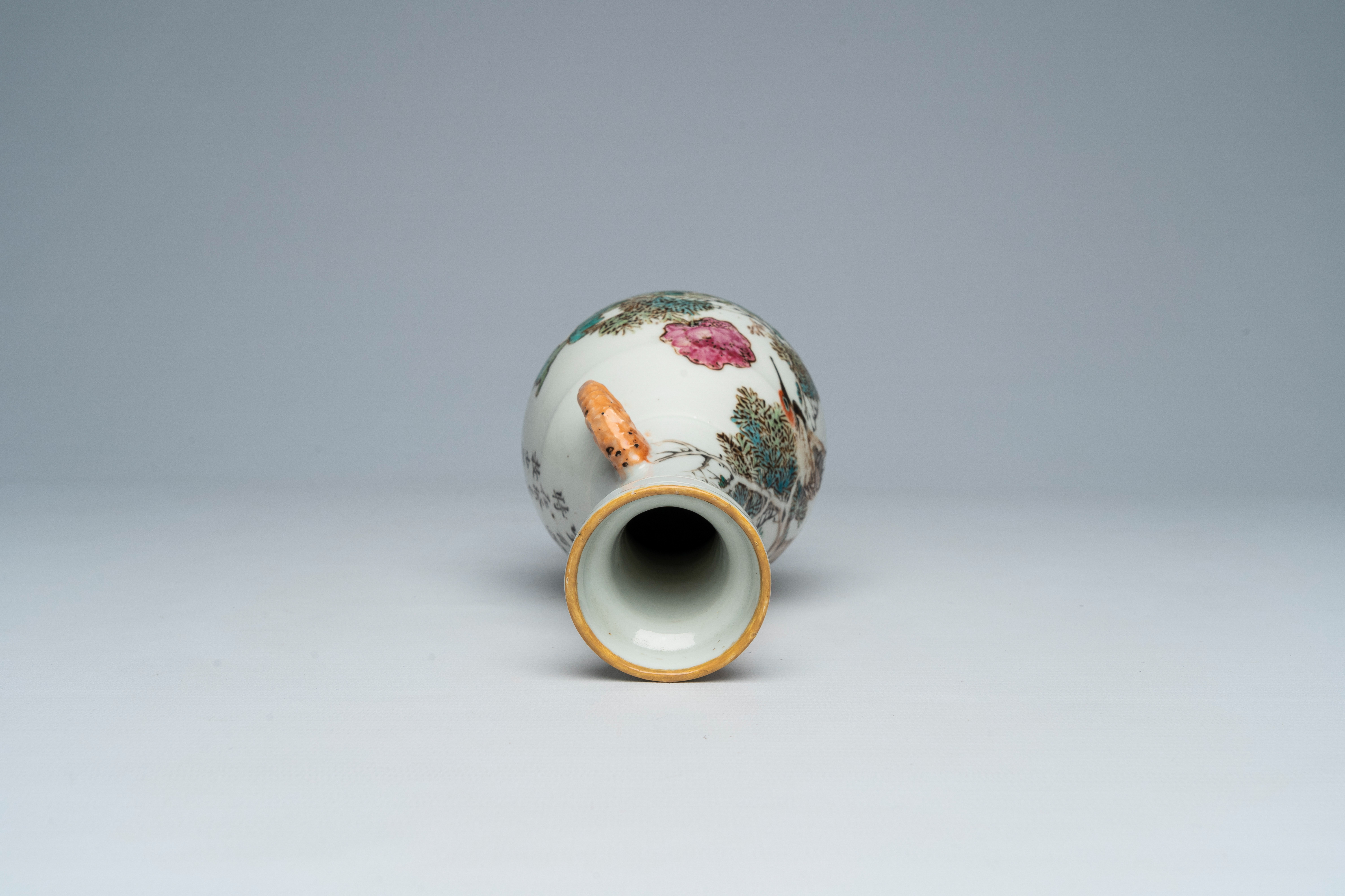 A Chinese qianjiang cai vase with a crane among blossoming branches and elephant head shaped handles - Image 5 of 6