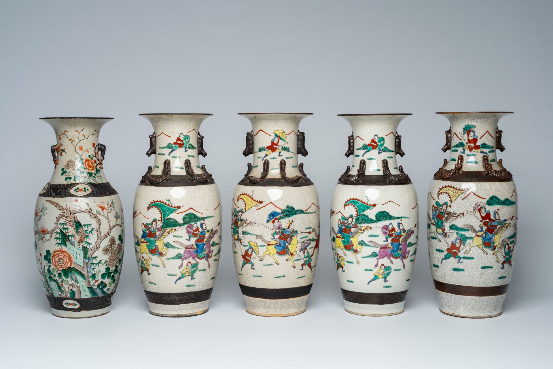 A varied collection of ten Chinese Nanking crackle glazed famille verte vases with warrior scenes an - Image 2 of 13