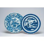 Two Chinese blue and white chargers with a landscape and antiquities, 19th C.