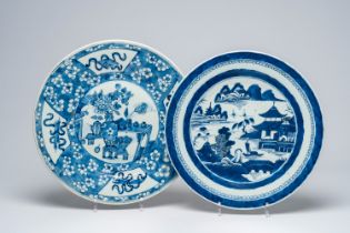 Two Chinese blue and white chargers with a landscape and antiquities, 19th C.
