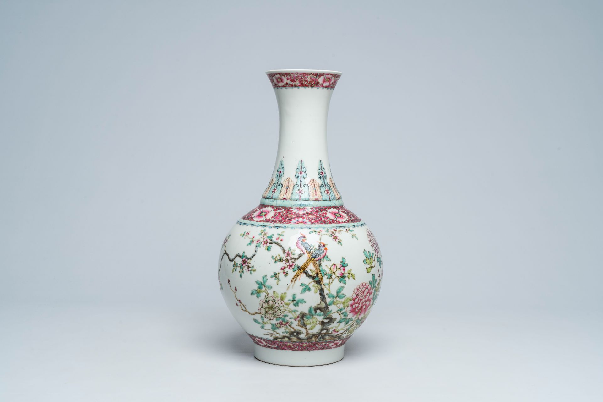 A Chinese famille rose vase with pheasants among blossoming branches, Qianlong mark, 20th C.