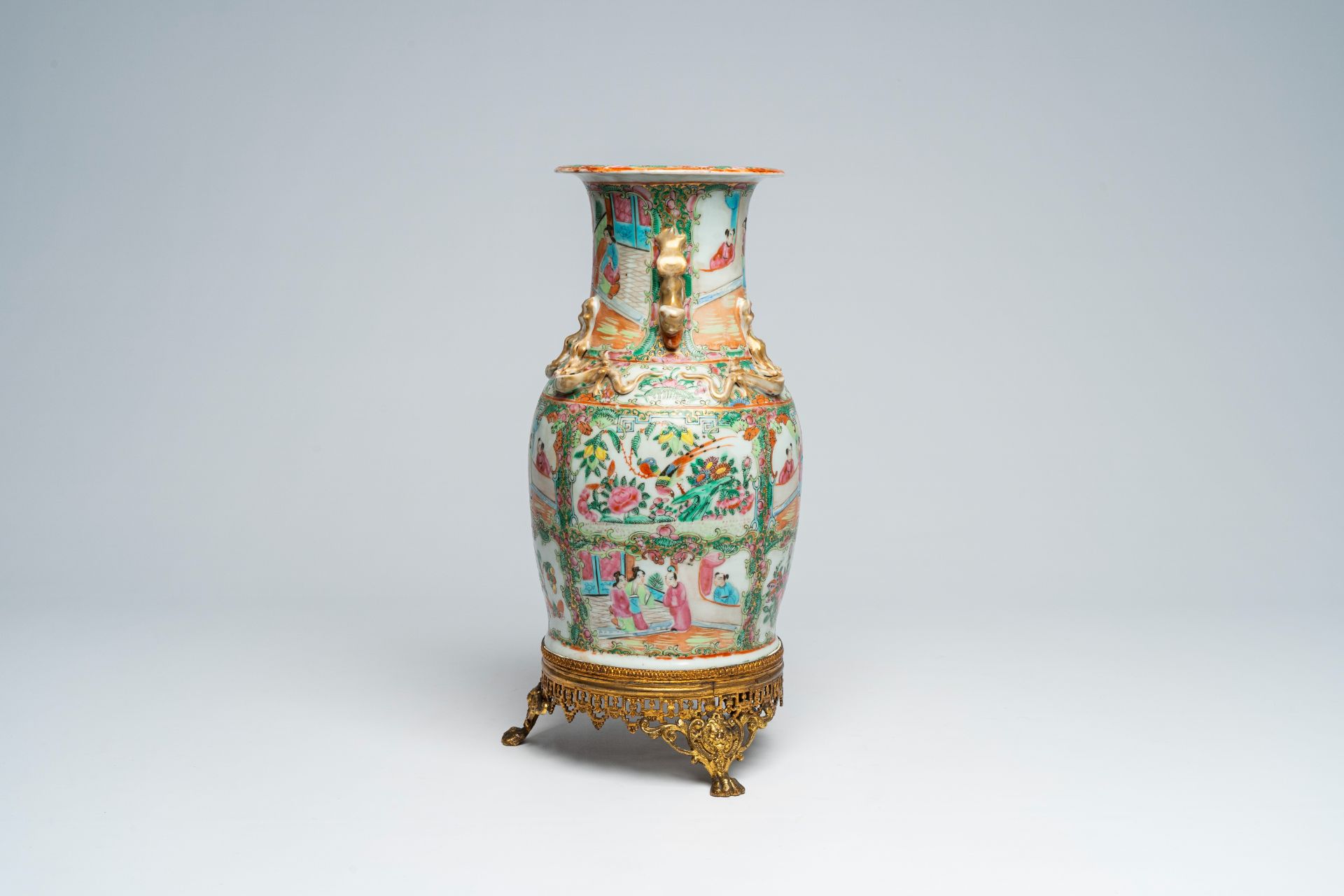 A Chinese Canton famille rose gilt brass mounted vase and a charger with palace scenes and floral de - Image 5 of 9