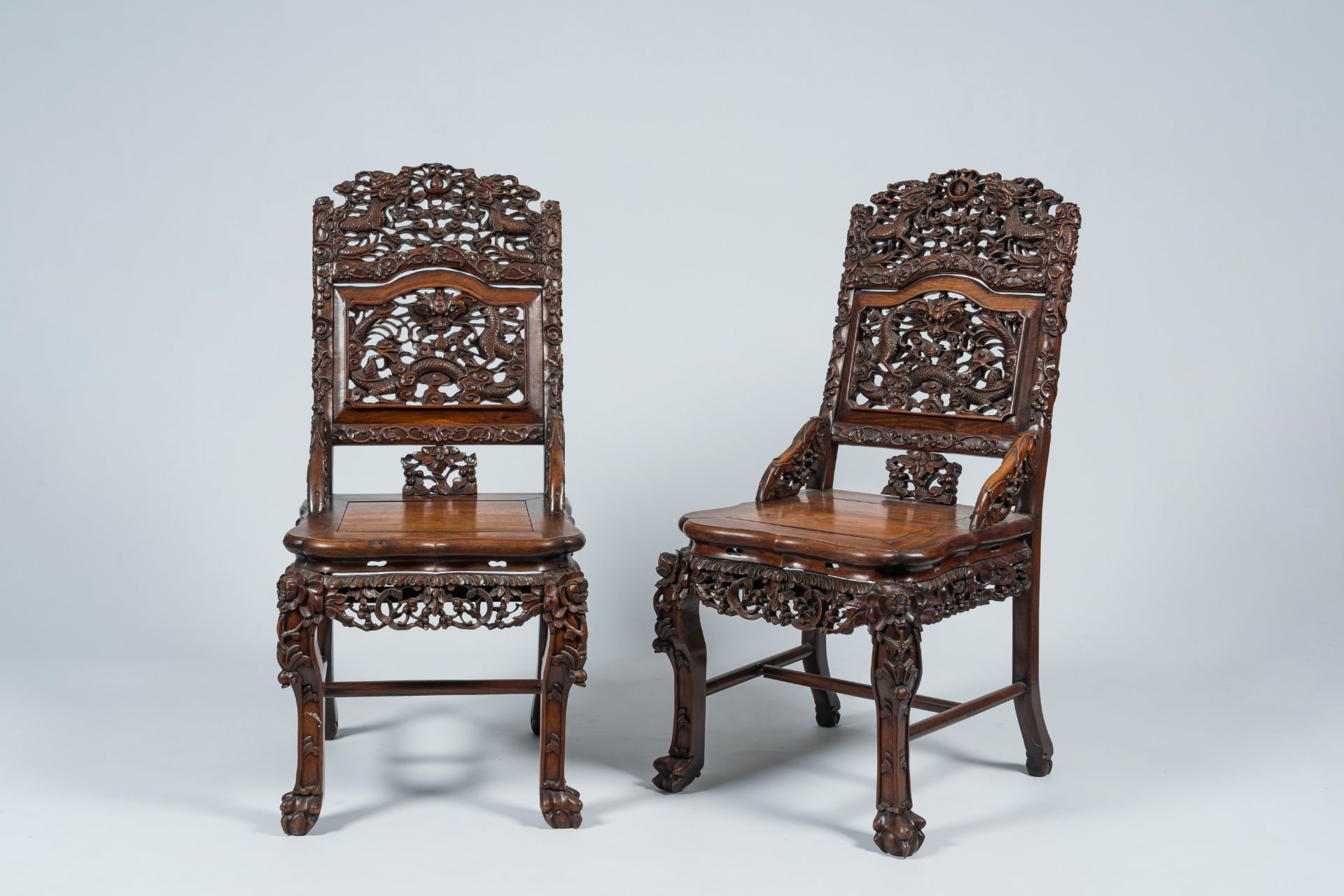 A pair of Chinese carved hardwood 'dragon' chairs, 19th C. - Image 10 of 10