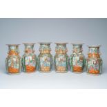 Six various Chinese Canton famille rose vases with palace scenes and birds among blossoming branches