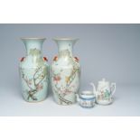 Two Chinese qianjiang cai vases with birds among blossoming branches and two teapots with figures in