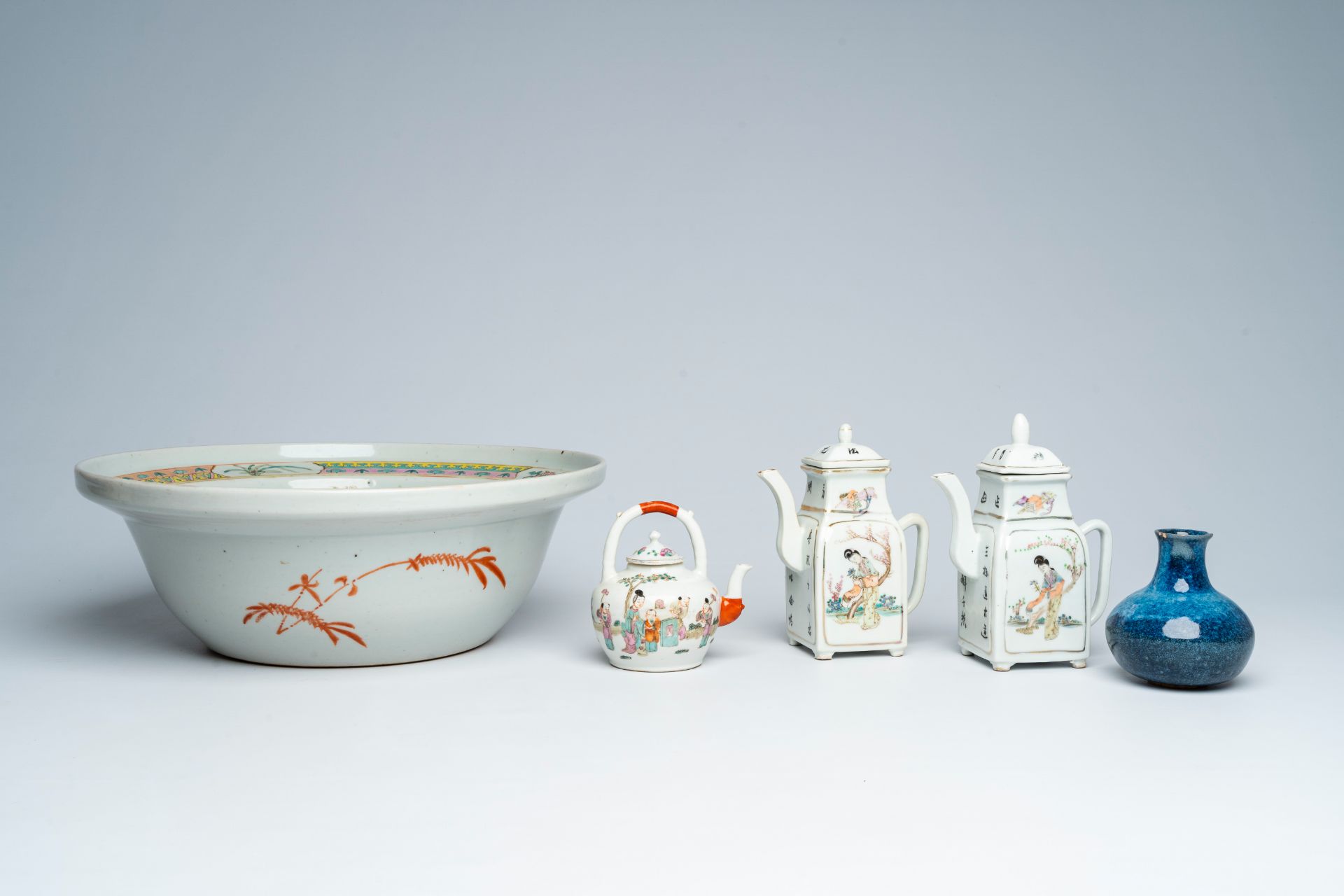 A Chinese famille rose bowl with a bird among blossoming branches, three famille rose and qianjiang - Image 2 of 10