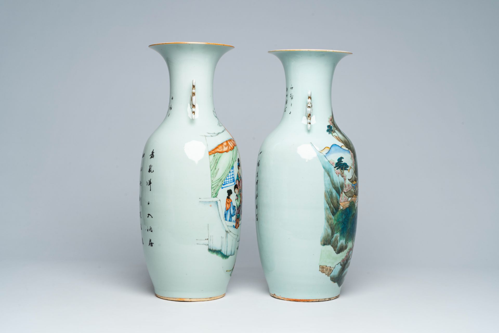 Two Chinese famille rose and qianjiang cai vases with figures in a palace garden and an animated lan - Image 5 of 7