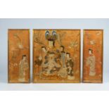 Three Chinese embroidered silk panels with gold threads and a palace scene 19th C.