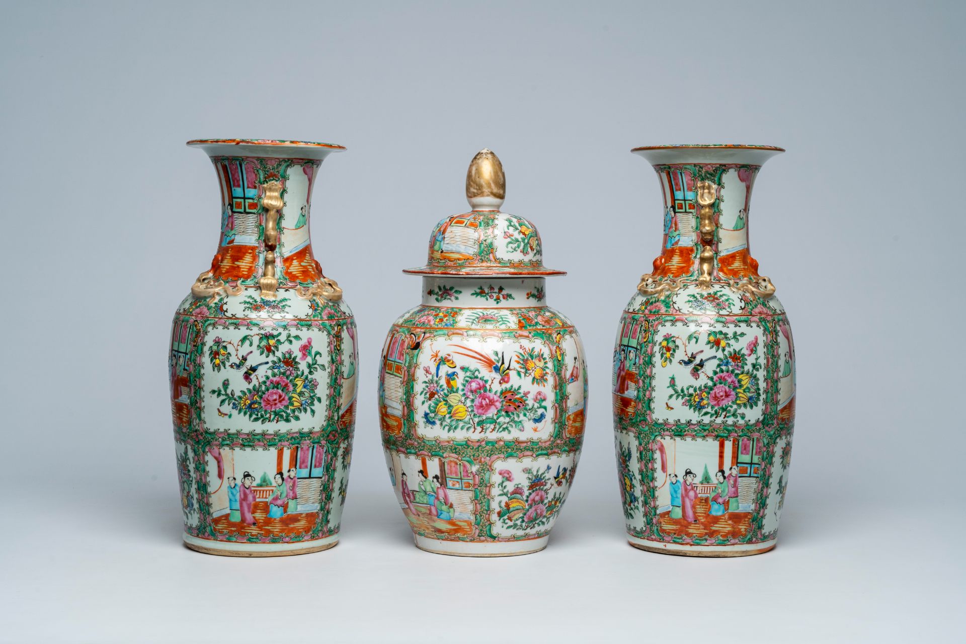 Three Chinese Canton famille rose vases with palace scenes and floral design, 19th C. - Image 2 of 6