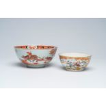 A Chinese milk and blood bowl with a boy and water buffalos and a famille rose 'hunting scene' bowl,