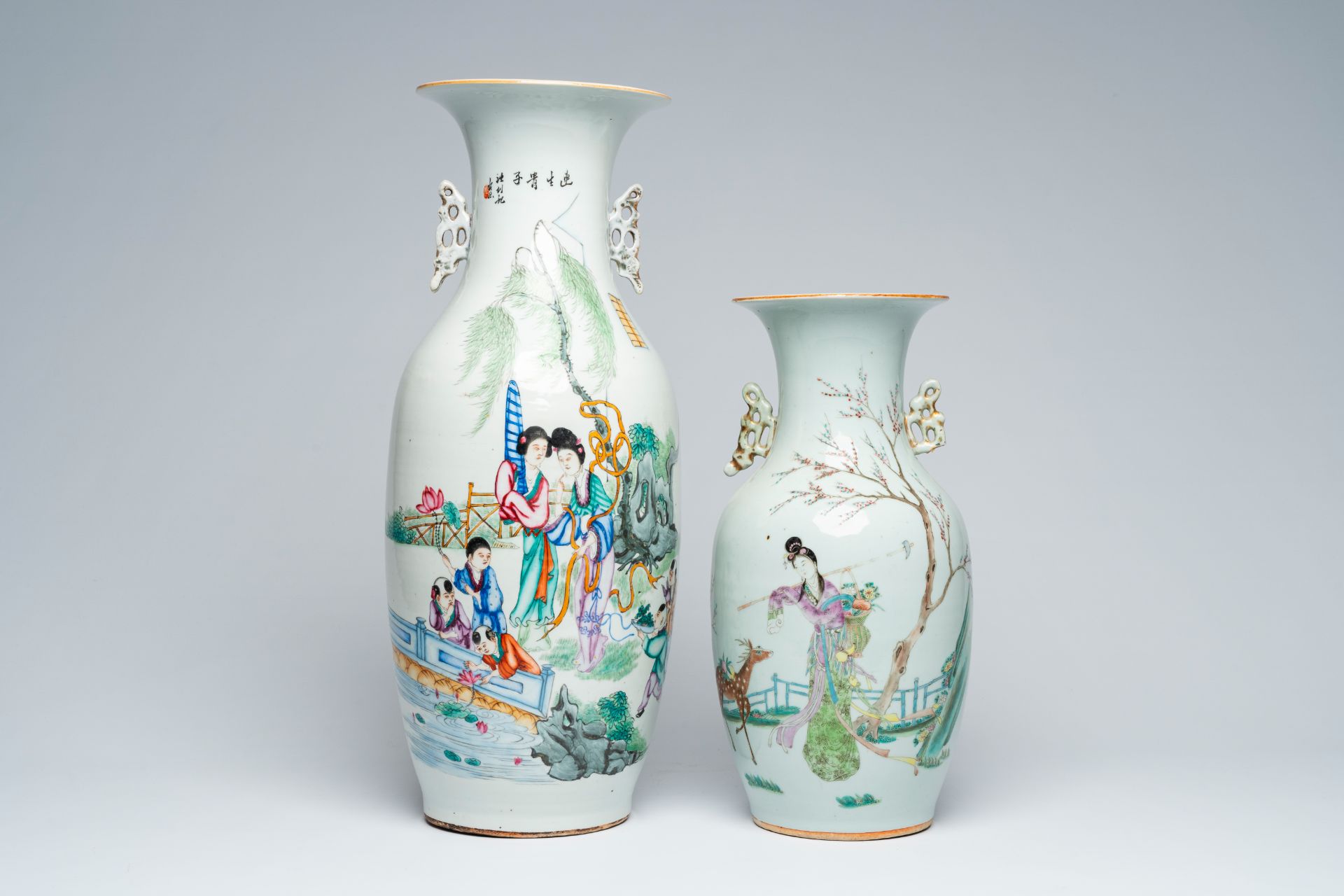 Two Chinese famille rose vases with Magu and ladies and children playing in a garden, 19th/20th C.