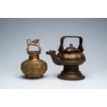 A Tibetan partly gilt bronze ewer and an Indian jar, 19th C.