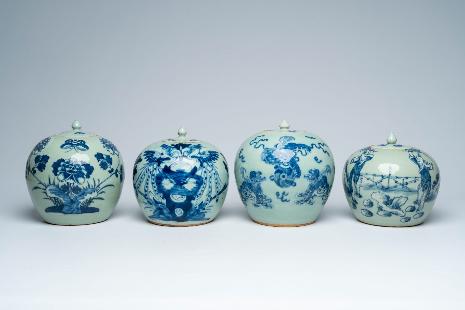 Four various Chinese blue and white celadon ground jars and covers, 19th C. - Image 2 of 9