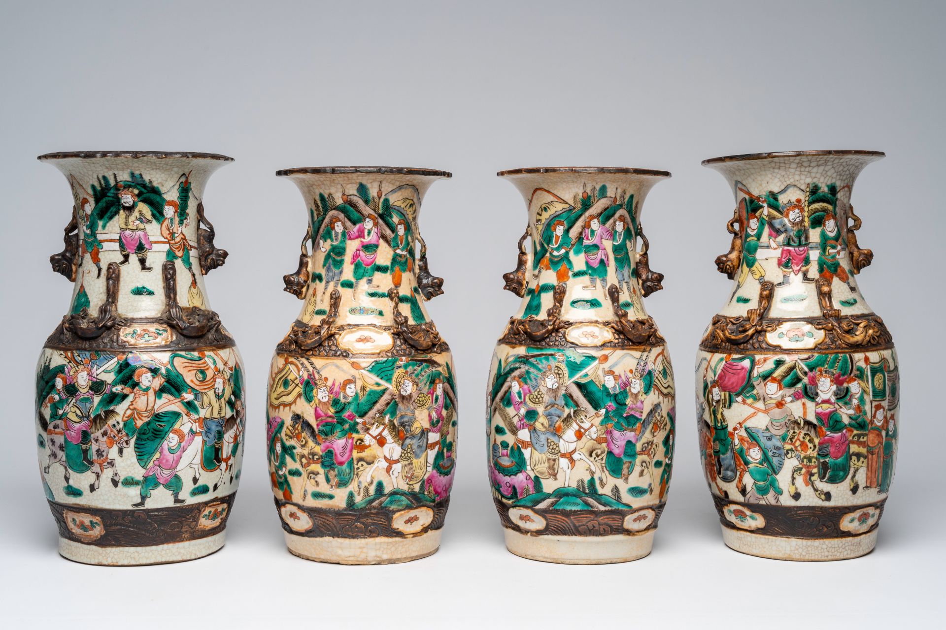 Four Chinese Nanking crackle glazed famille rose vases with warrior scenes, 19th C. - Image 4 of 7