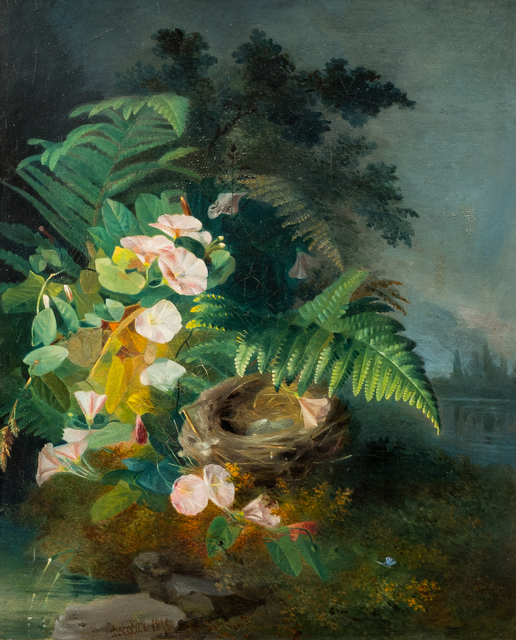 French school, illegibly signed: Flower still life with nest, oil on canvas, dated 1855