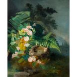 French school, illegibly signed: Flower still life with nest, oil on canvas, dated 1855