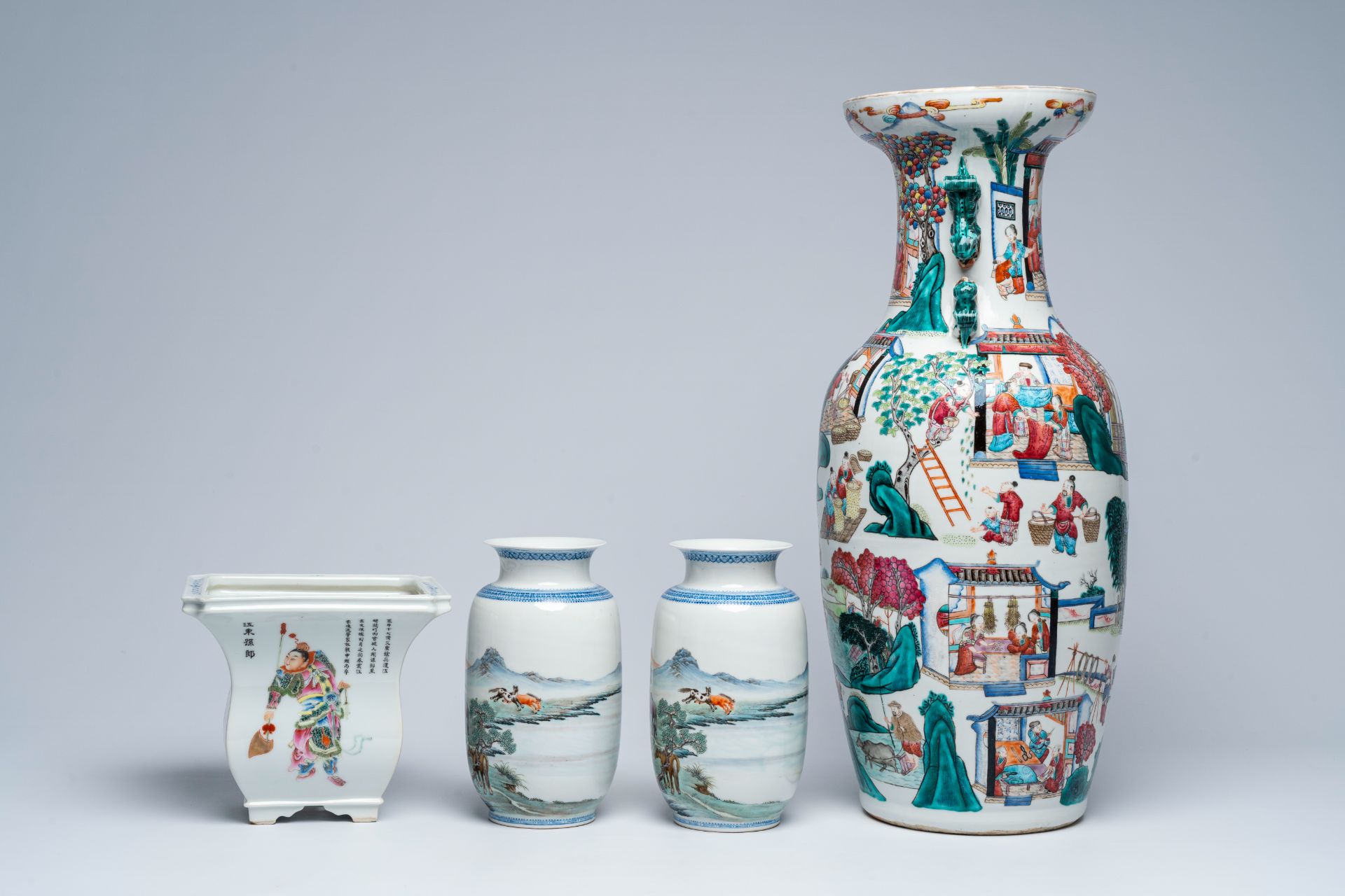 A Chinese famille rose 'rice production' vase, a pair of 'Eight Horses of Wang Mu' vases and a Wu Sh - Image 3 of 7