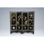 A Chinese four-panel room divider in lacquered and inlaid wood, 20th C.