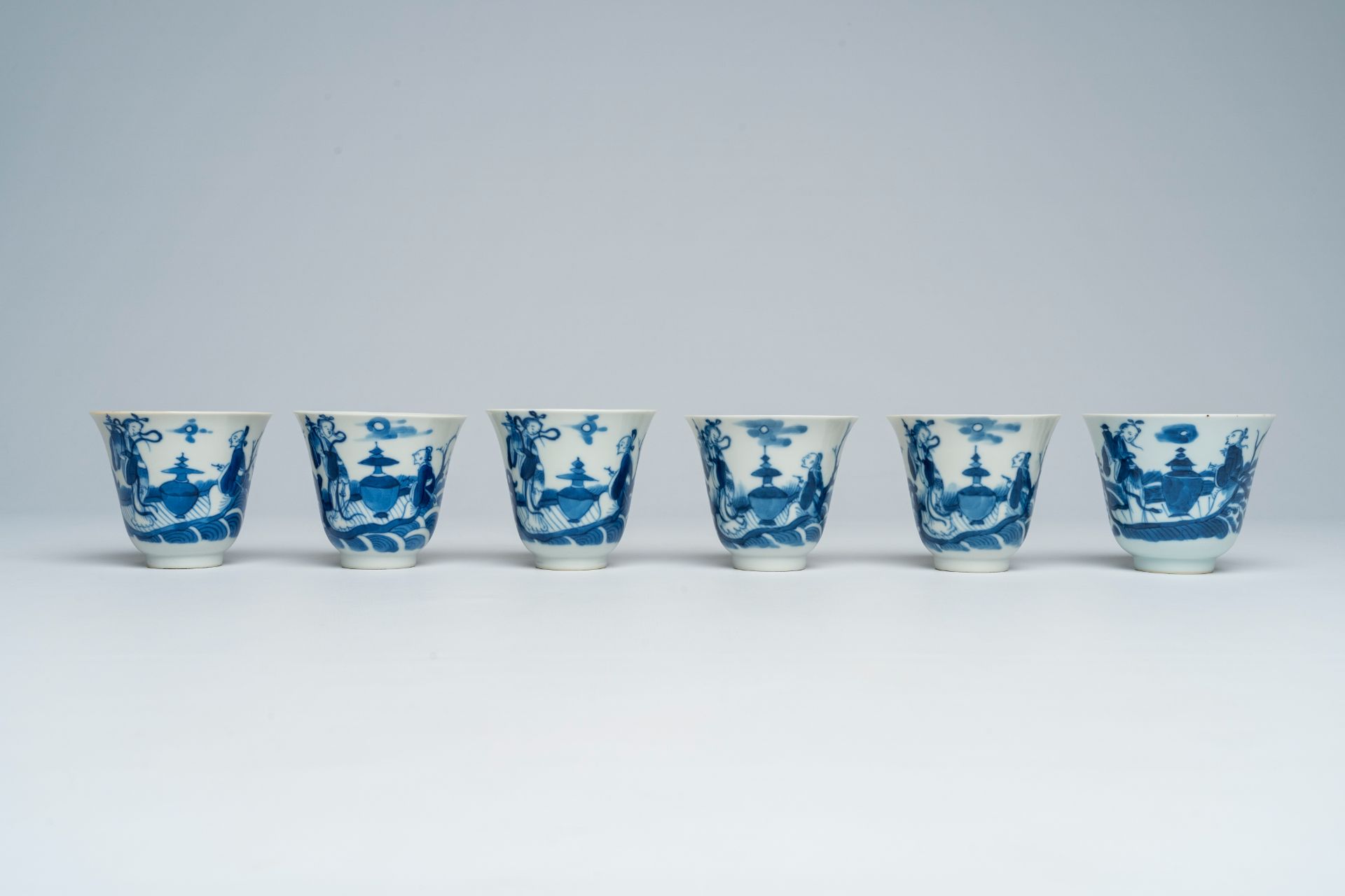 Six Chinese blue and white cups and saucers with Immortals in a boat, Daoguang - Image 4 of 9