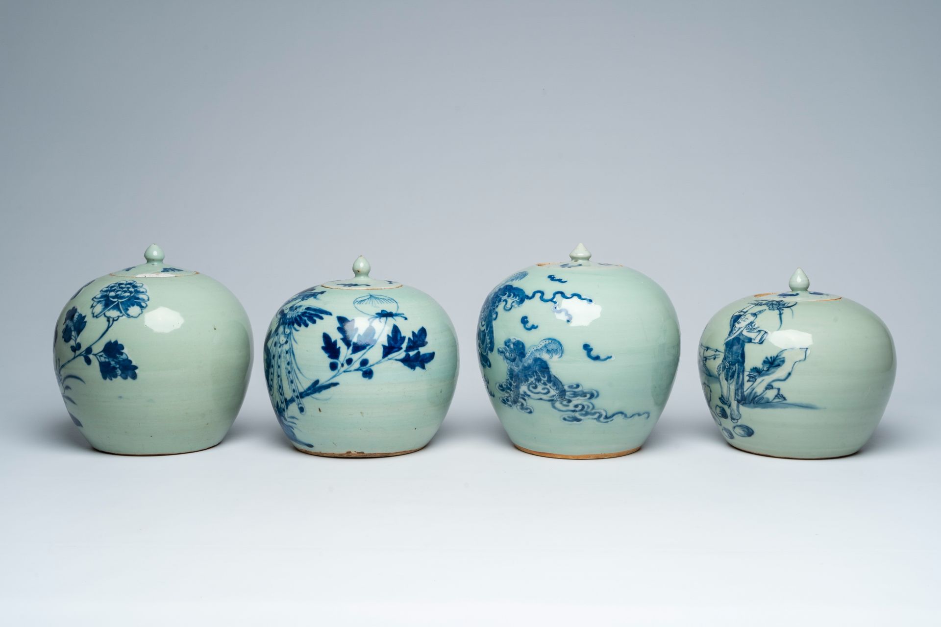 Four various Chinese blue and white celadon ground jars and covers, 19th C. - Image 3 of 9