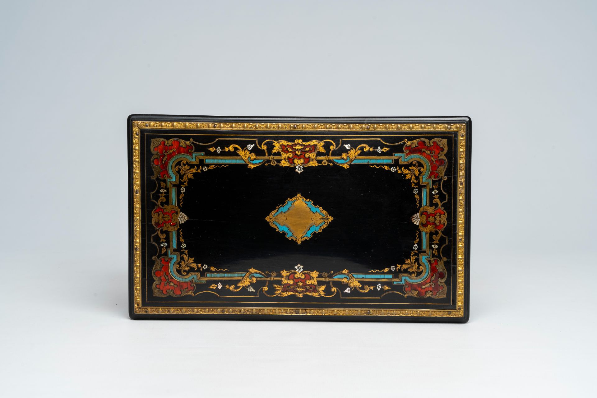 A French Historicism bronze mounted ebonised wooden tortoiseshell, mother-of pearl and brass marquet - Image 8 of 9