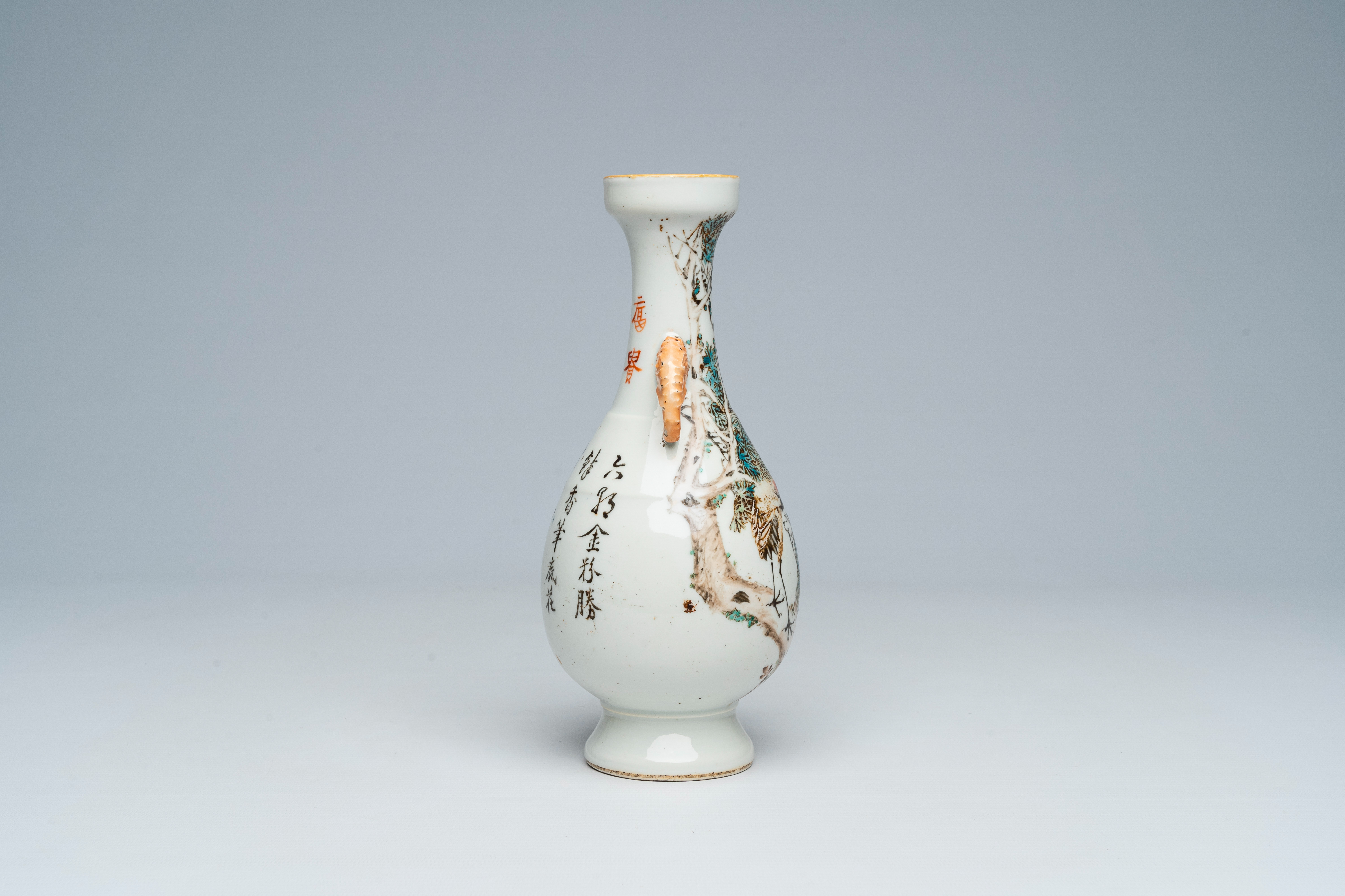A Chinese qianjiang cai vase with a crane among blossoming branches and elephant head shaped handles - Image 4 of 6