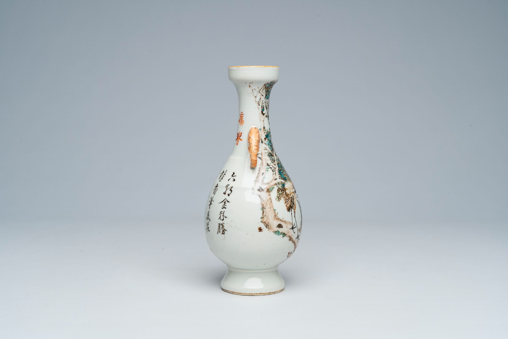 A Chinese qianjiang cai vase with a crane among blossoming branches and elephant head shaped handles - Image 4 of 6