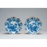 A pair of Chinese blue and white lotus-shaped plates, Kangxi