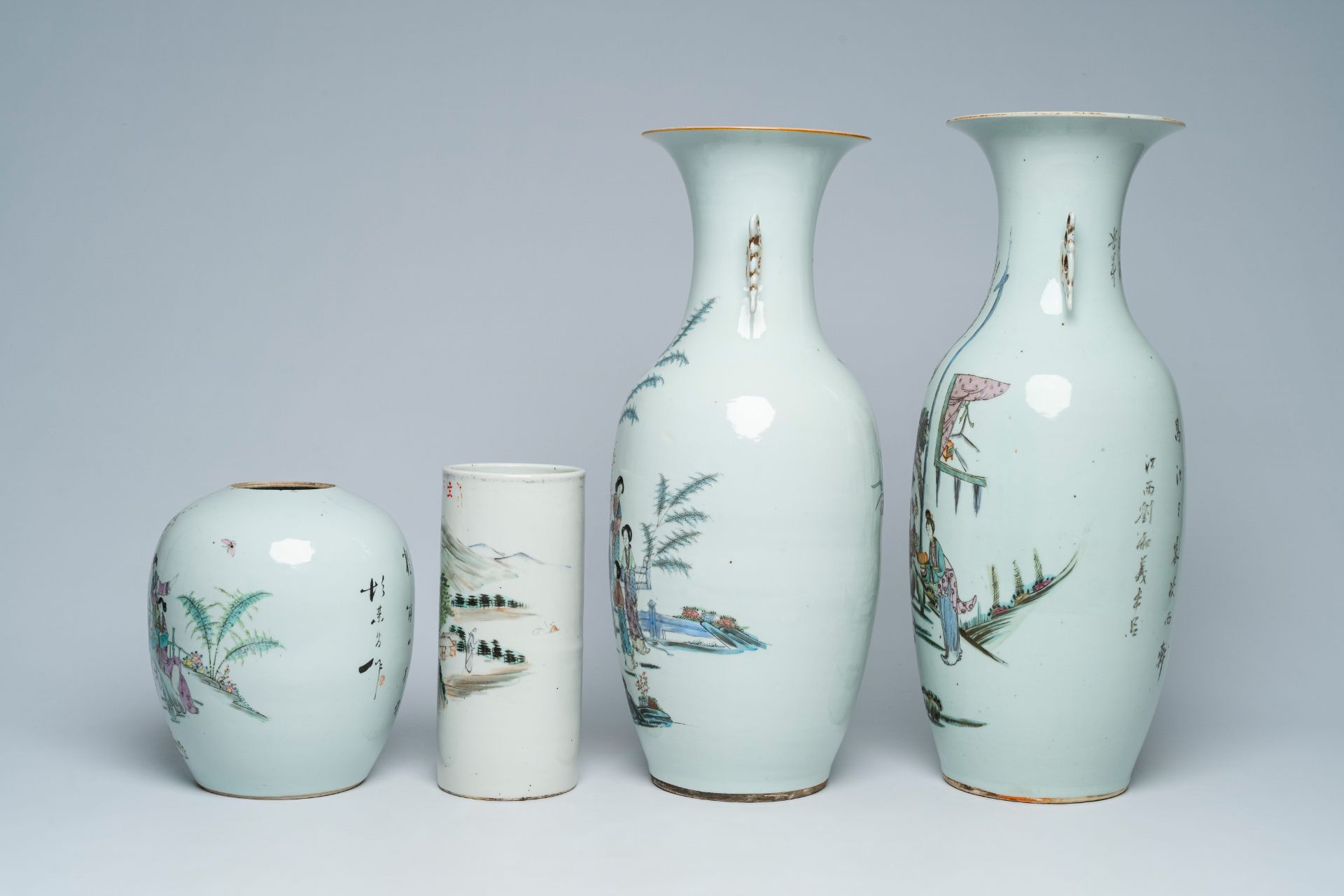 Two Chinese famille rose vases, a jar and cover with ladies in a garden and a qianjiang cai hat stan - Image 3 of 7