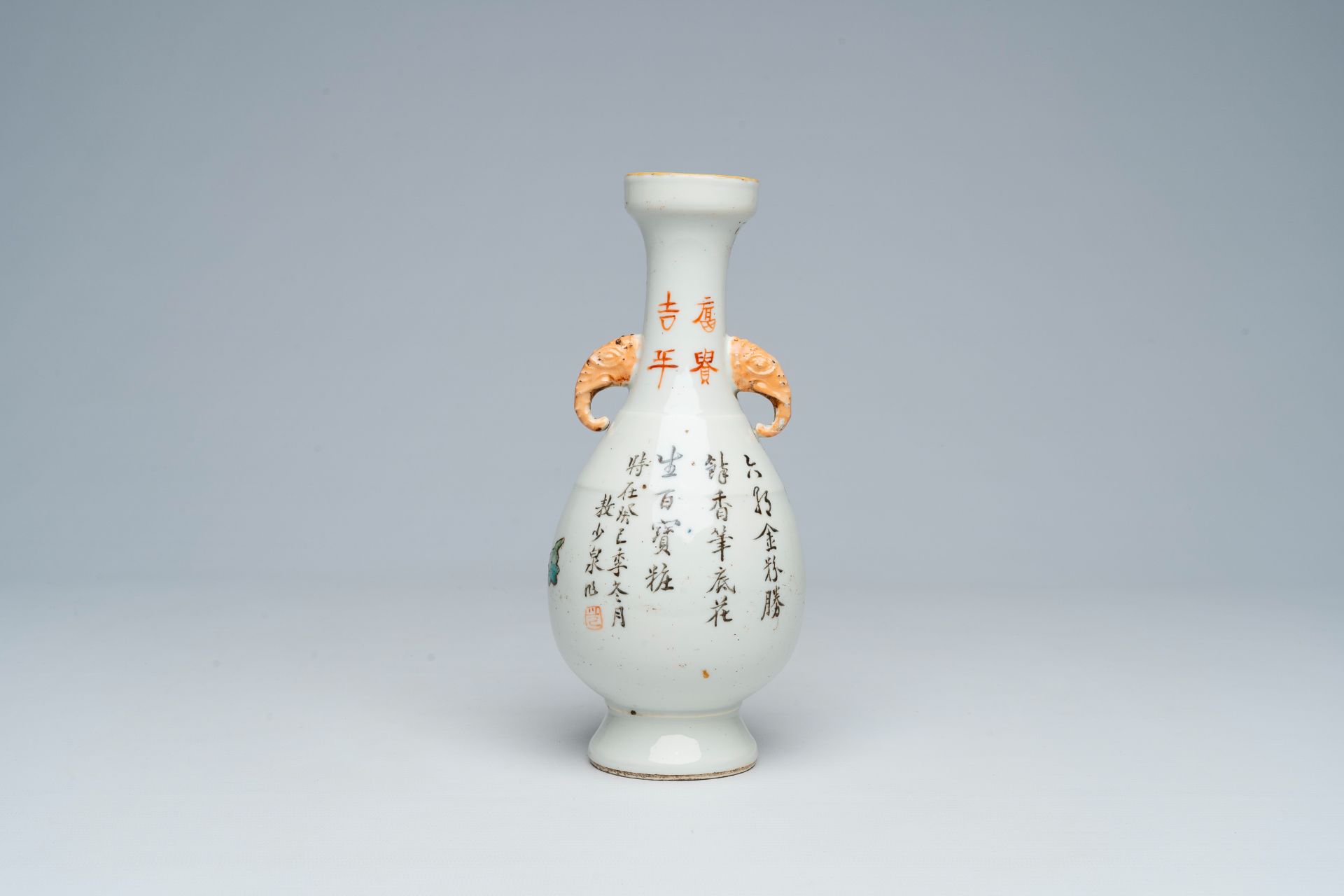 A Chinese qianjiang cai vase with a crane among blossoming branches and elephant head shaped handles - Image 3 of 6