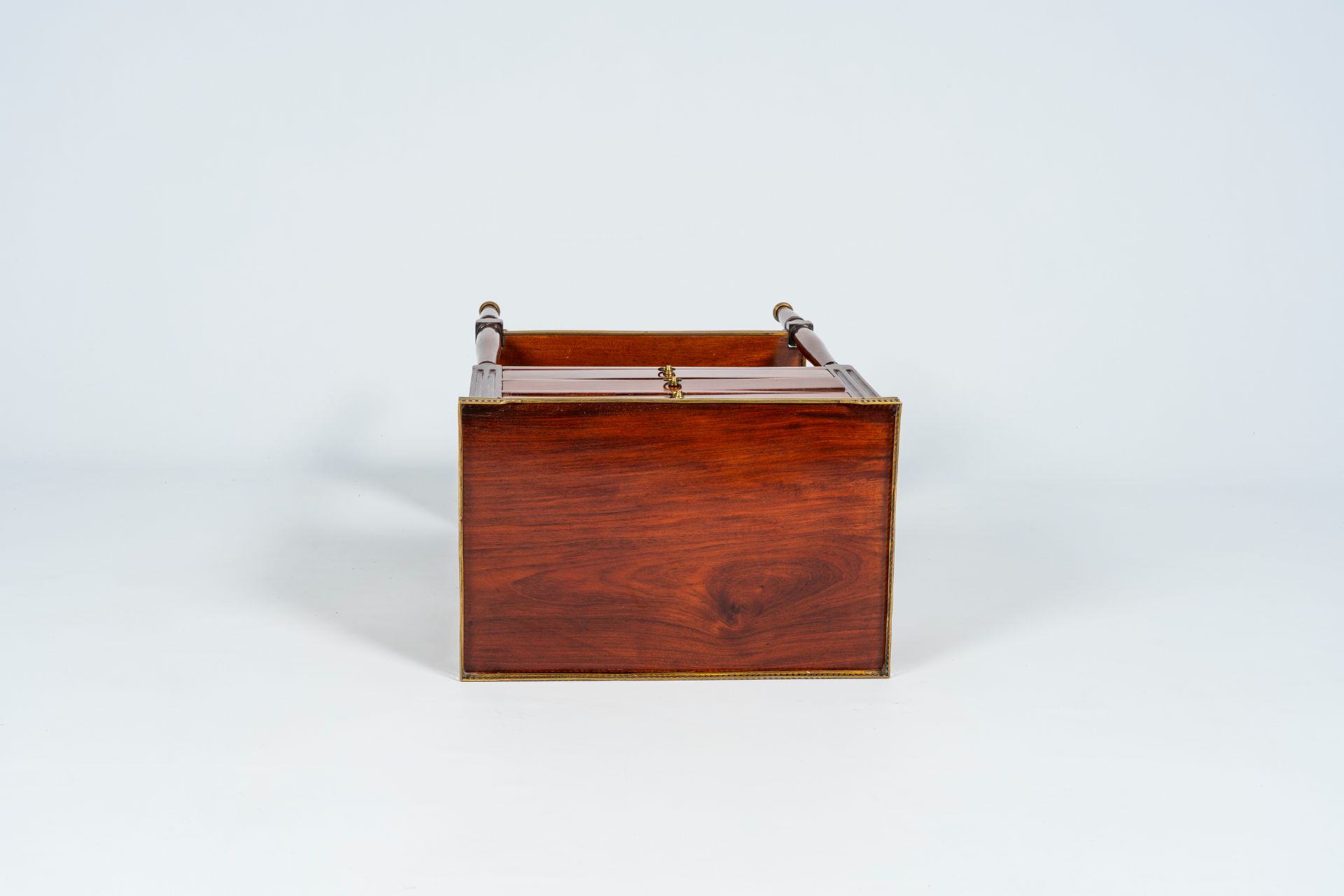 A French mahogany gilt brass mounted side table with three drawers, late 19th C. - Image 7 of 8