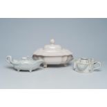 A white Delftware sauceboat, a tureen and cover and an inkwell, probably France, 18th/19th C.