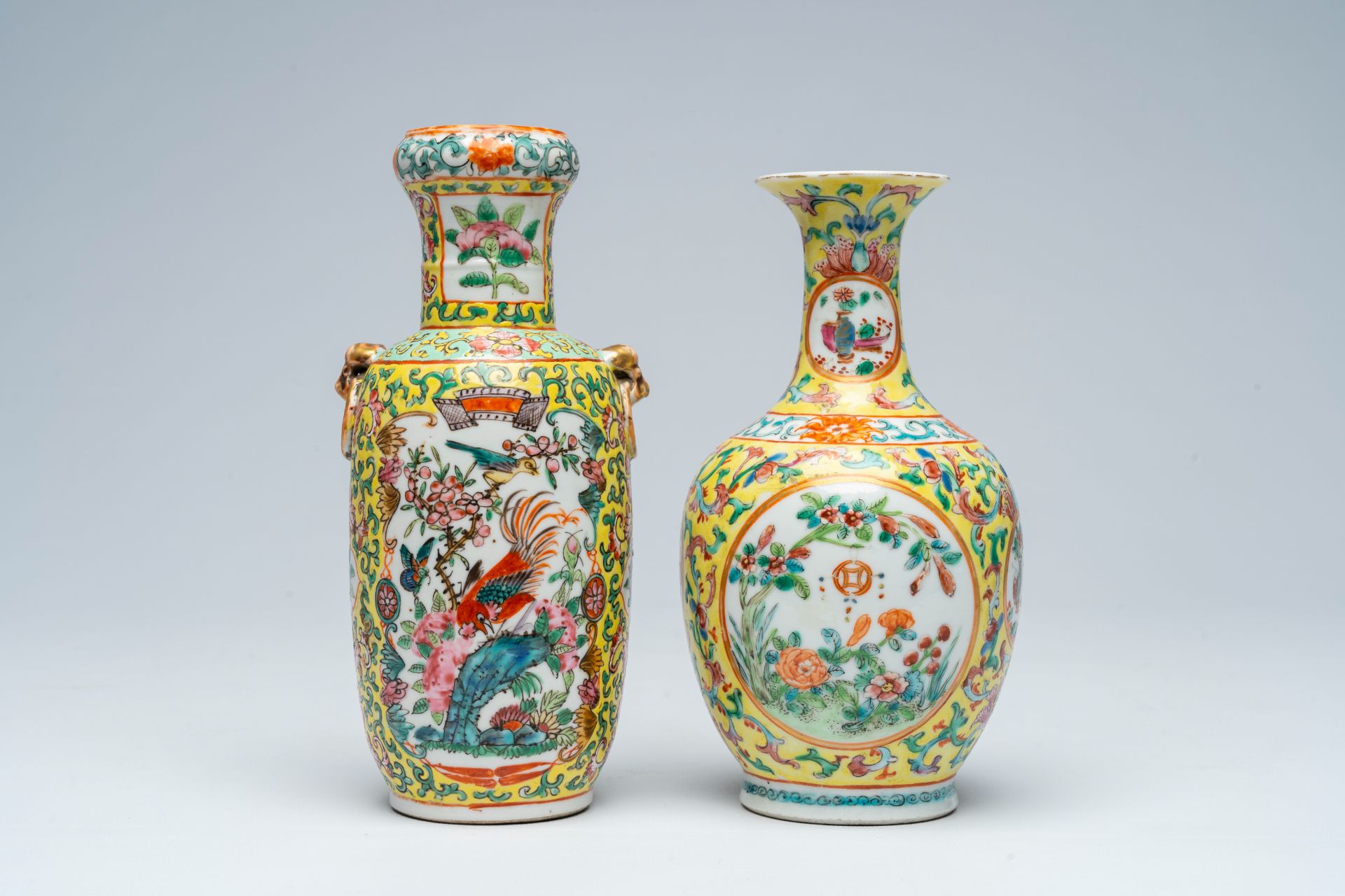 Two Chinese famille rose yellow ground vases with antiquities and floral design, 19th C. - Image 3 of 6