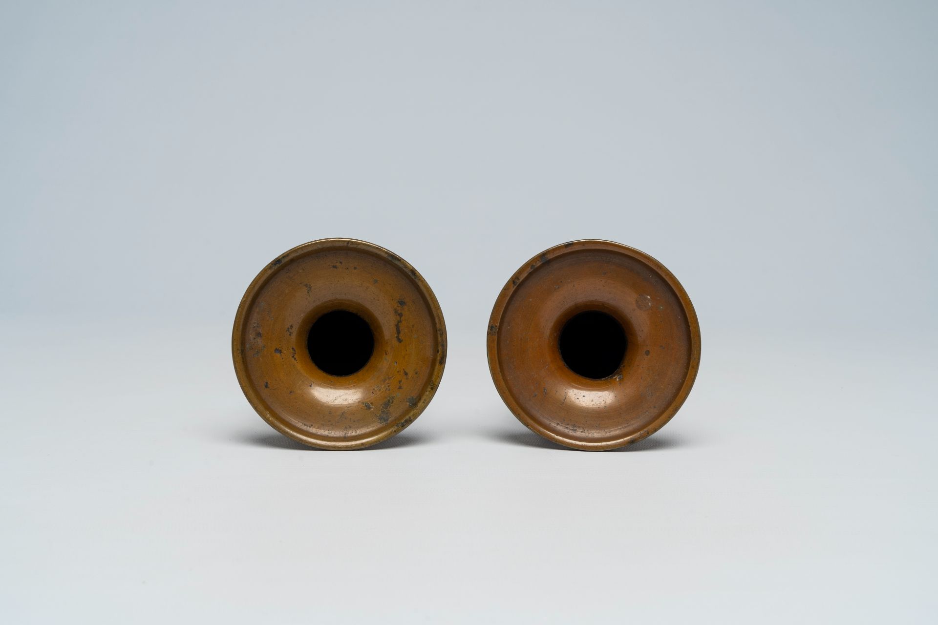 A pair of Japanese bronze vases, two mixed metal chargers with relief design, a blue and white dish - Image 20 of 21