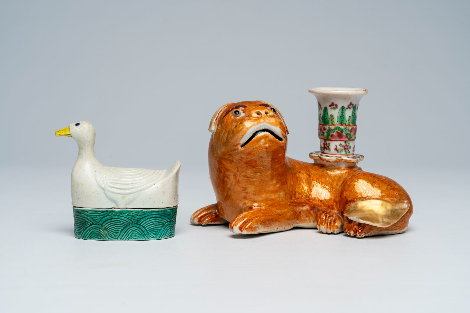 A Chinese Canton famille rose dog-shaped candlestick and a goose-shaped box and cover, 19th/20th C. - Image 2 of 7