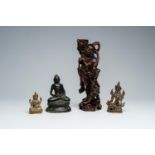 Four Asian bronze and wood sculptures, 19th/20th C.