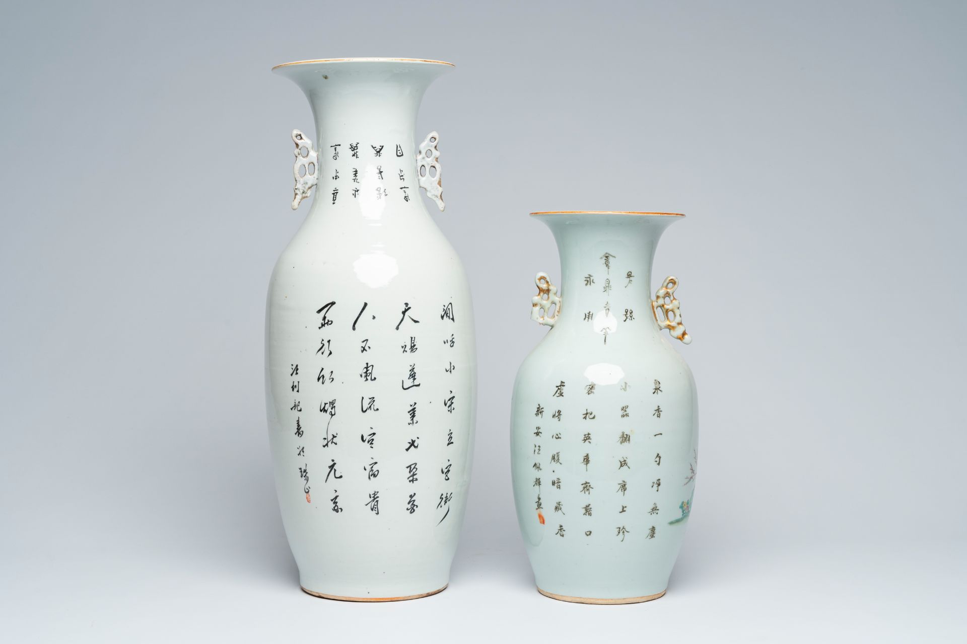 Two Chinese famille rose vases with Magu and ladies and children playing in a garden, 19th/20th C. - Image 3 of 6