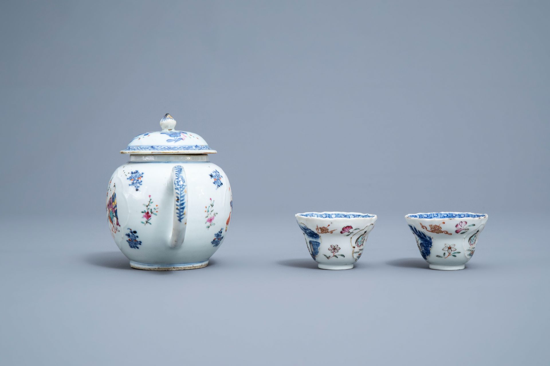A Chinese famille rose teapot and a pair of cups and saucers, Qianlong - Image 5 of 9
