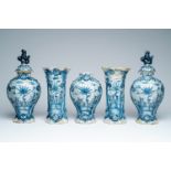 A Dutch Delft blue and white five-piece vase garniture with a landscape, 18th C.