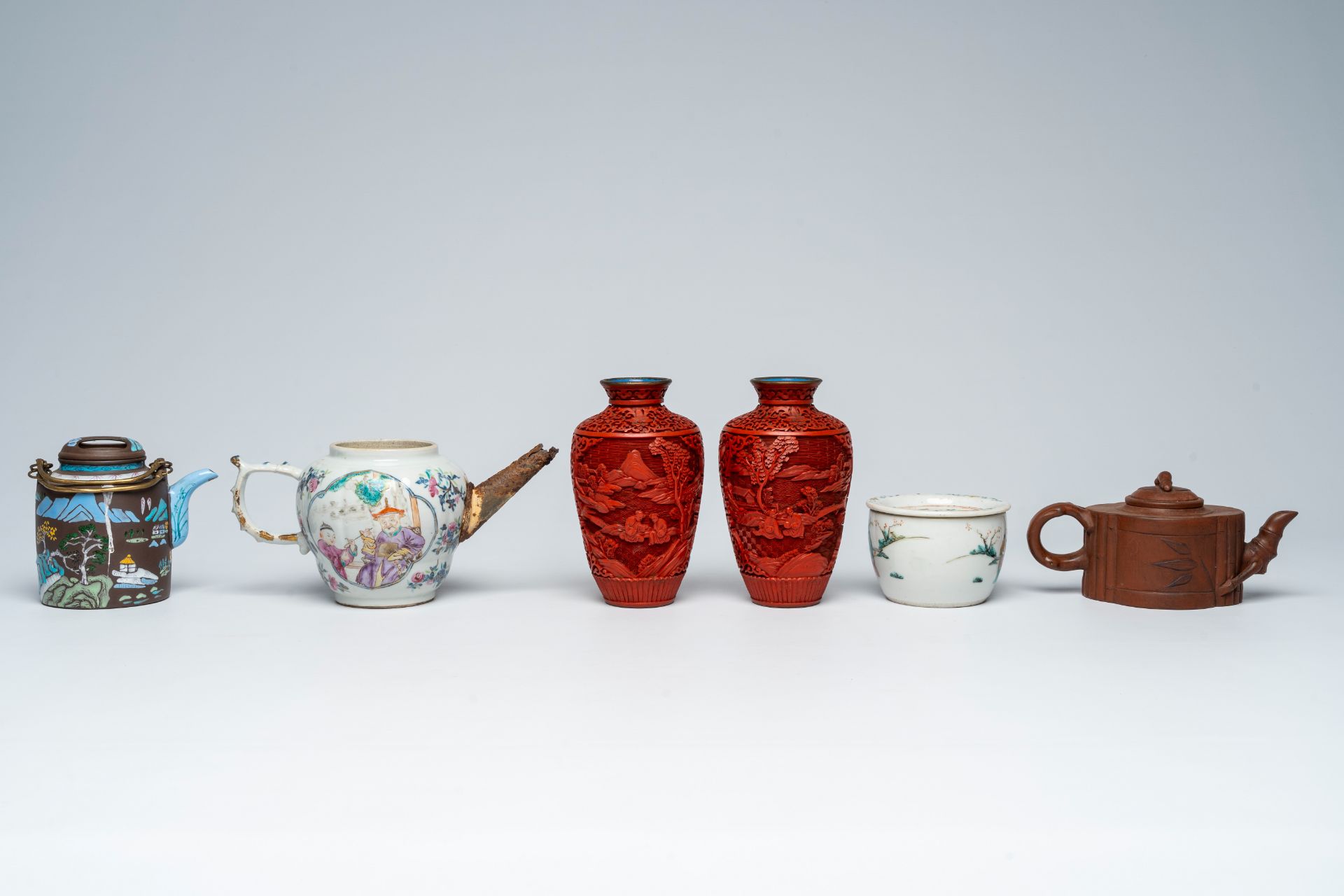 A varied collection of Chinese stoneware, lacquerware and famille rose and qianjiang cai porcelain, - Image 3 of 8