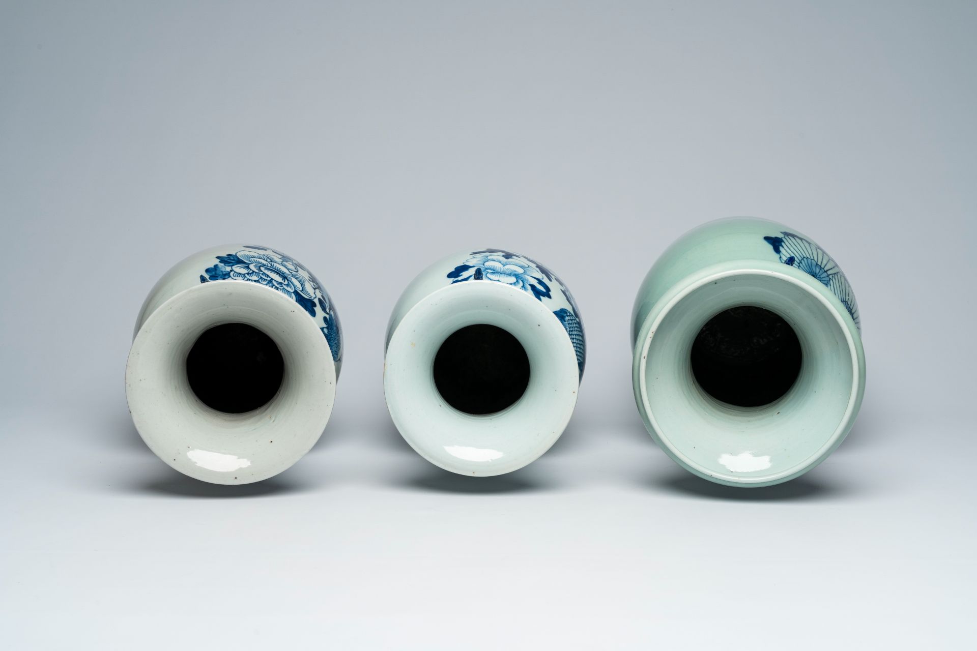 Three Chinese blue and white celadon ground vases with birds among blossoming branches, 19th C. - Image 6 of 7