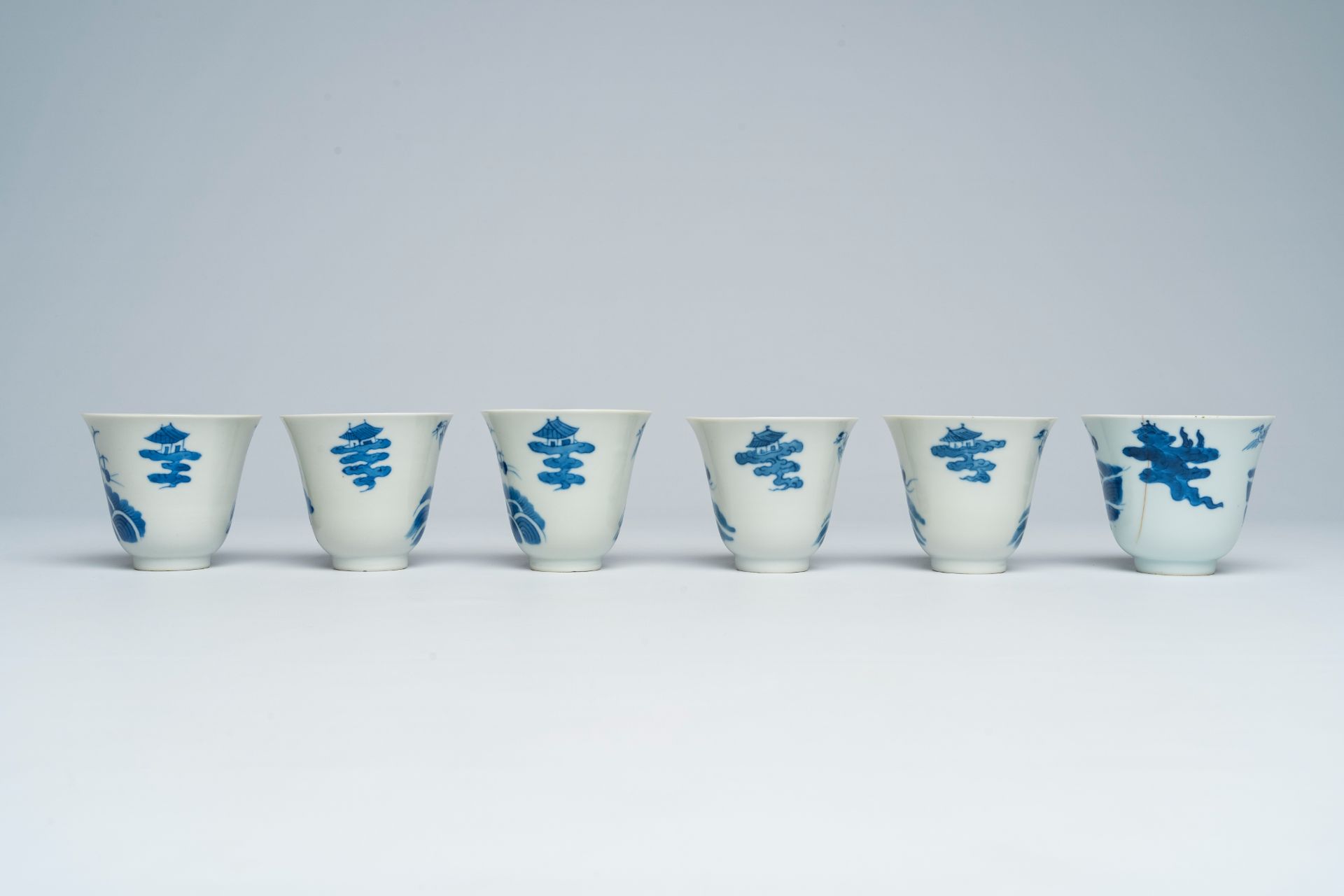 Six Chinese blue and white cups and saucers with Immortals in a boat, Daoguang - Image 6 of 9