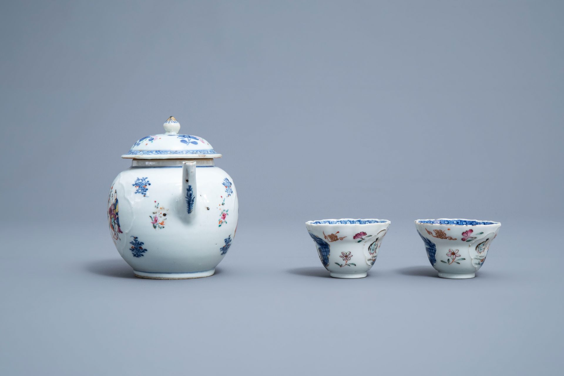 A Chinese famille rose teapot and a pair of cups and saucers, Qianlong - Image 7 of 9