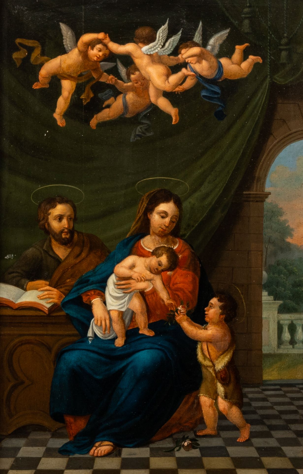 Flemish school: The Holy Family with John the Baptist, oil on panel, 18th C.